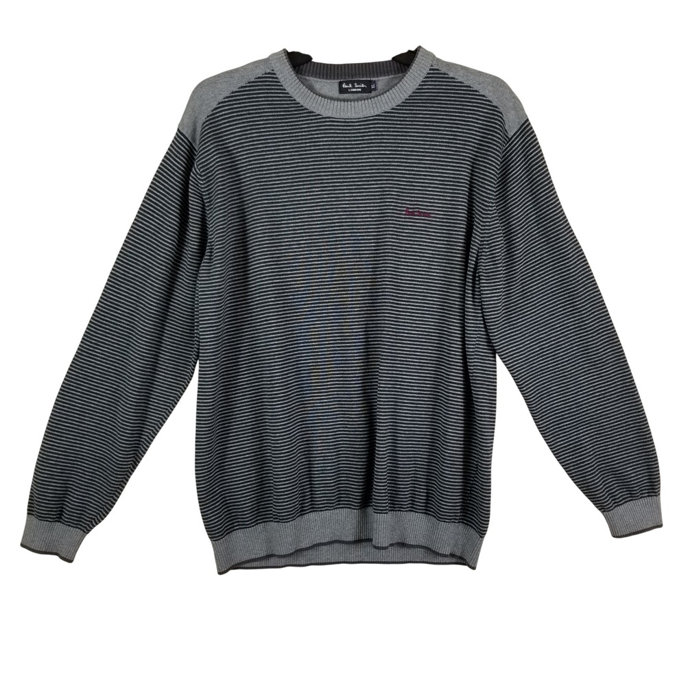 Paul Smith London Mens XL Striped Crew Neck Sweater Grey Black Graphic Back
